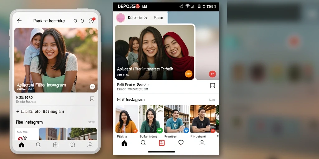 Antarmuka DEPO555 menampilkan berbagai filter dan alat pengeditan yang menarik.