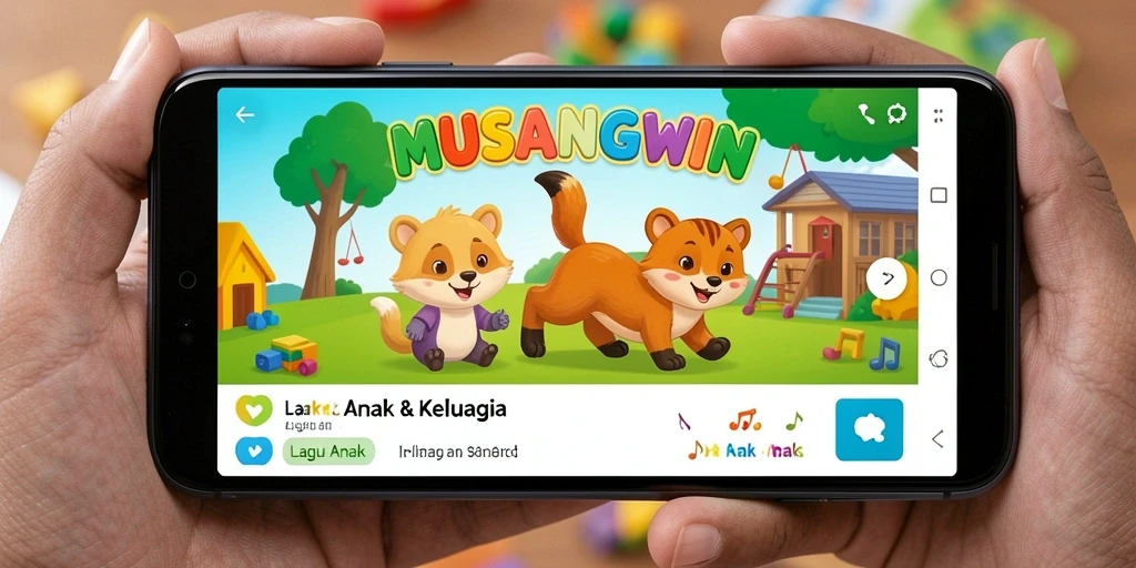 Antarmuka MUSANGWIN yang menarik dengan lagu-lagu anak yang ceria.