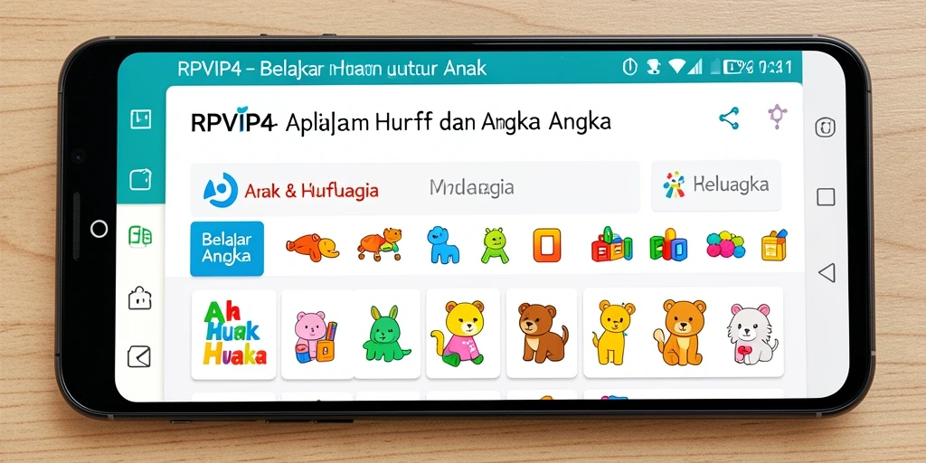 Screenshot utama RPVIP4 menunjukkan antarmuka belajar huruf dan angka yang menarik.