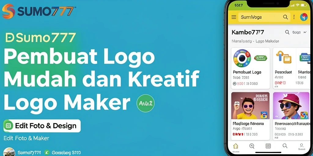 Tampilan antarmuka pengguna <strong>SUMO777</strong> dengan pilihan alat pembuat logo yang lengkap.