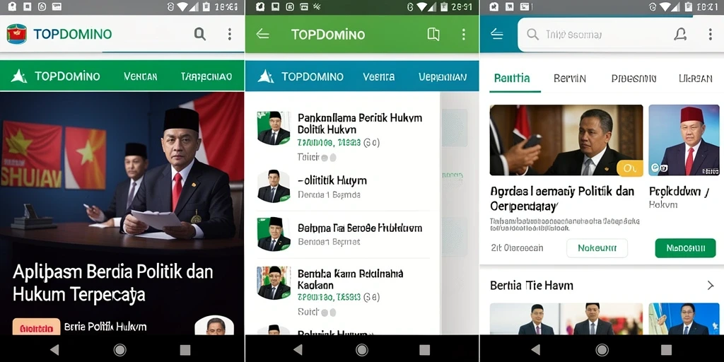 Antarmuka pengguna aplikasi TOPDOMINO menampilkan berita dan analisis politik dengan jelas.